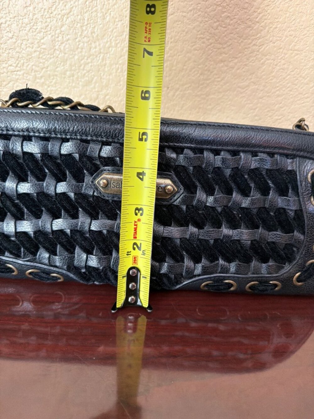Isabella Fiore Black Leather Woven Shoulder Bag Chain Strap Y2K Designer Purse - Picture 12 of 13